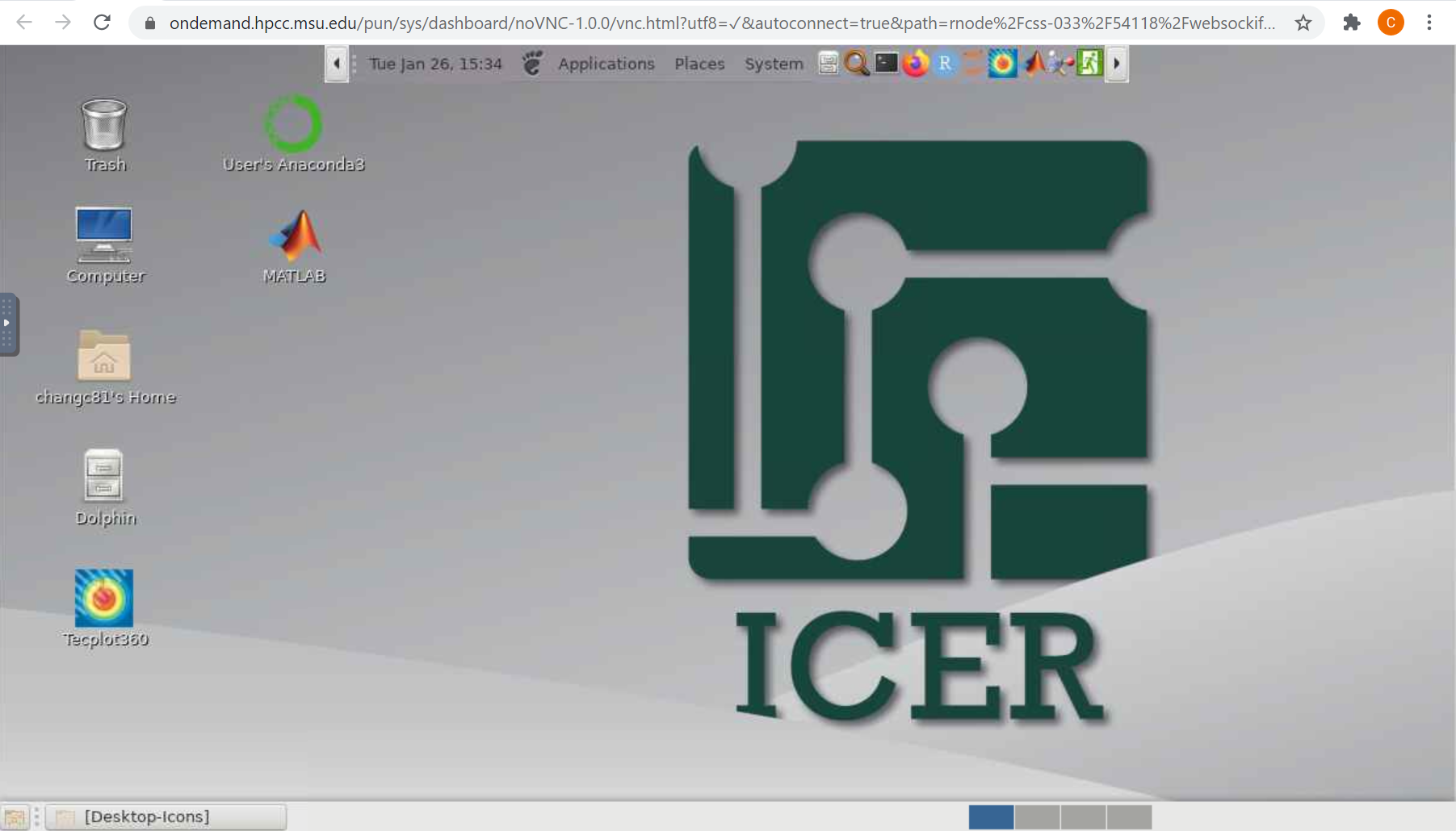 Screenshot of the ICER interactive desktop showing application icons.