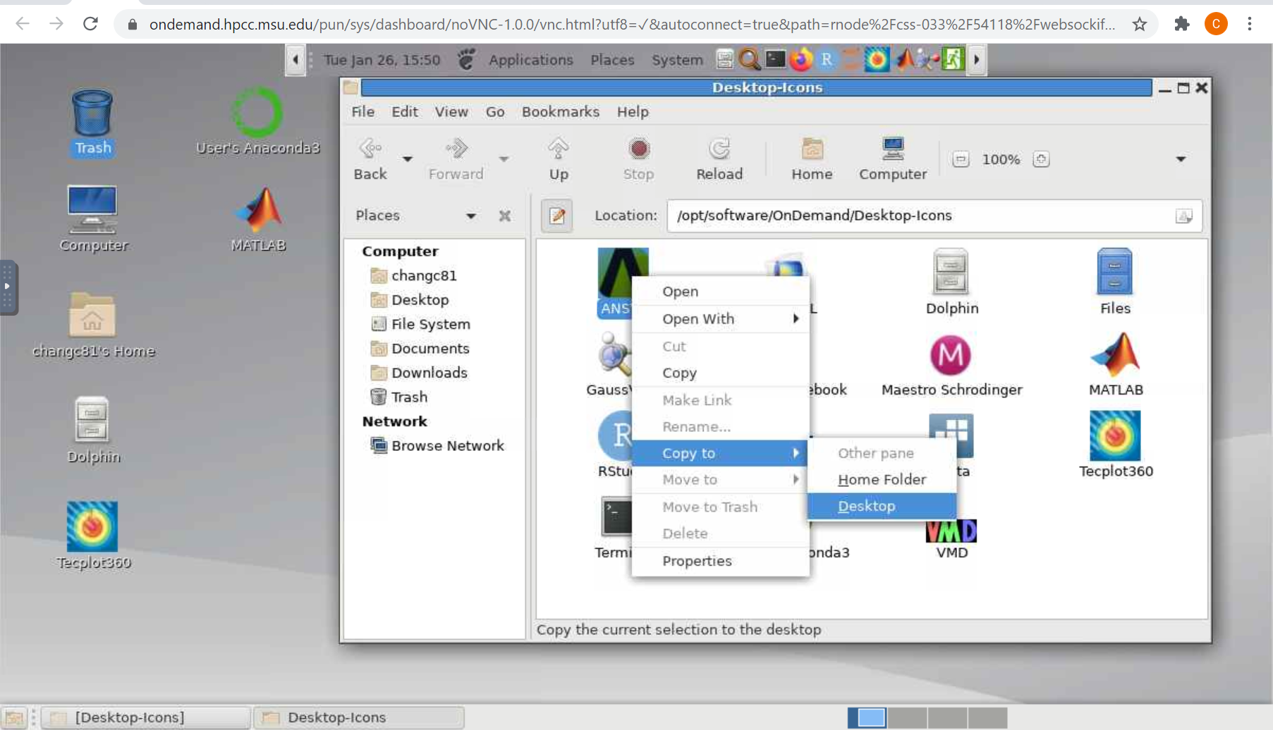 Screenshot of the interactive desktop window showing the right click menu of an application icon, with Copy to Desktop highlighted.