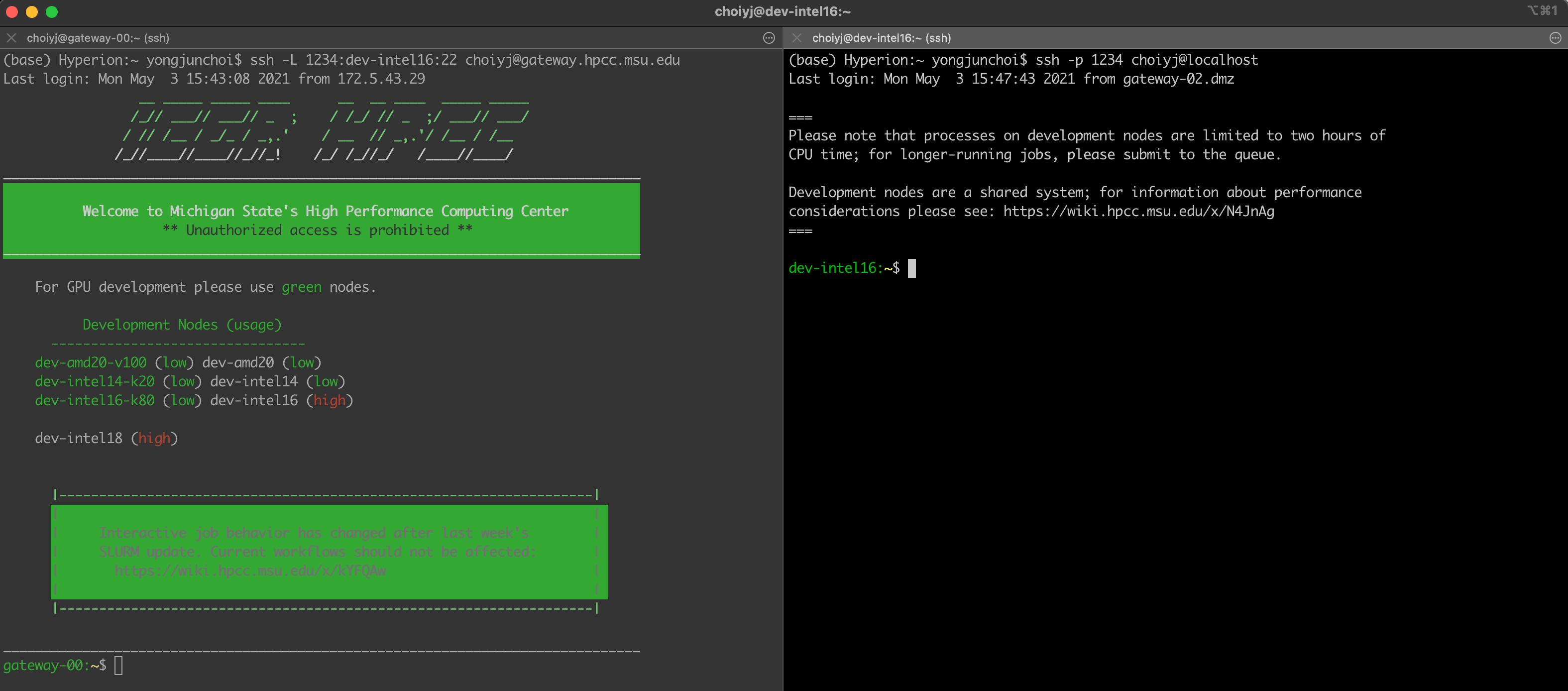 Two screenshots of a terminal. Left, the ICER welcome message at a gateway node. Right, a command prompt at a development node.
