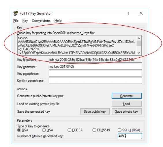 Screenshot of the key generator window with the ssh-rsa key text circled