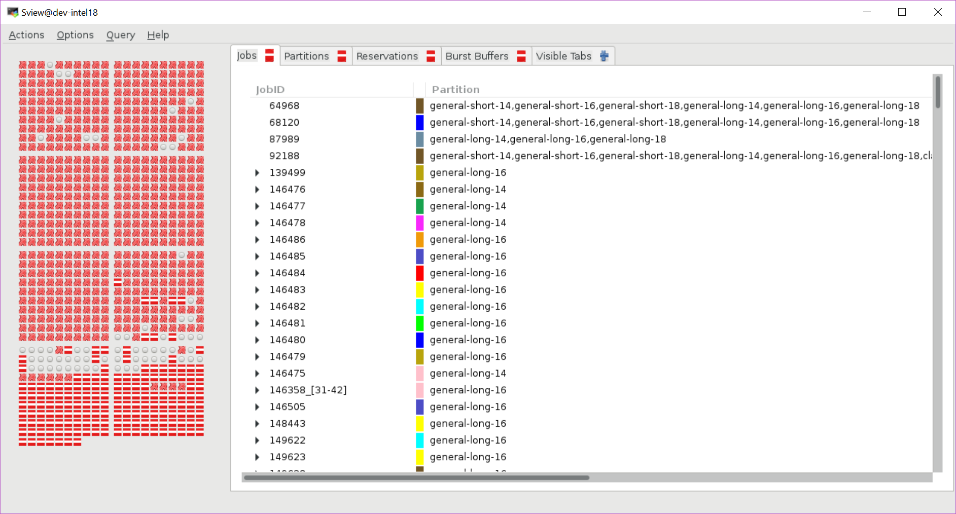 A screenshot of the SLURM job queue graphic interface. On the left, a grid of red crosses show queued jobs, and on the right a tabbed window shows a list of job IDs and partitions.