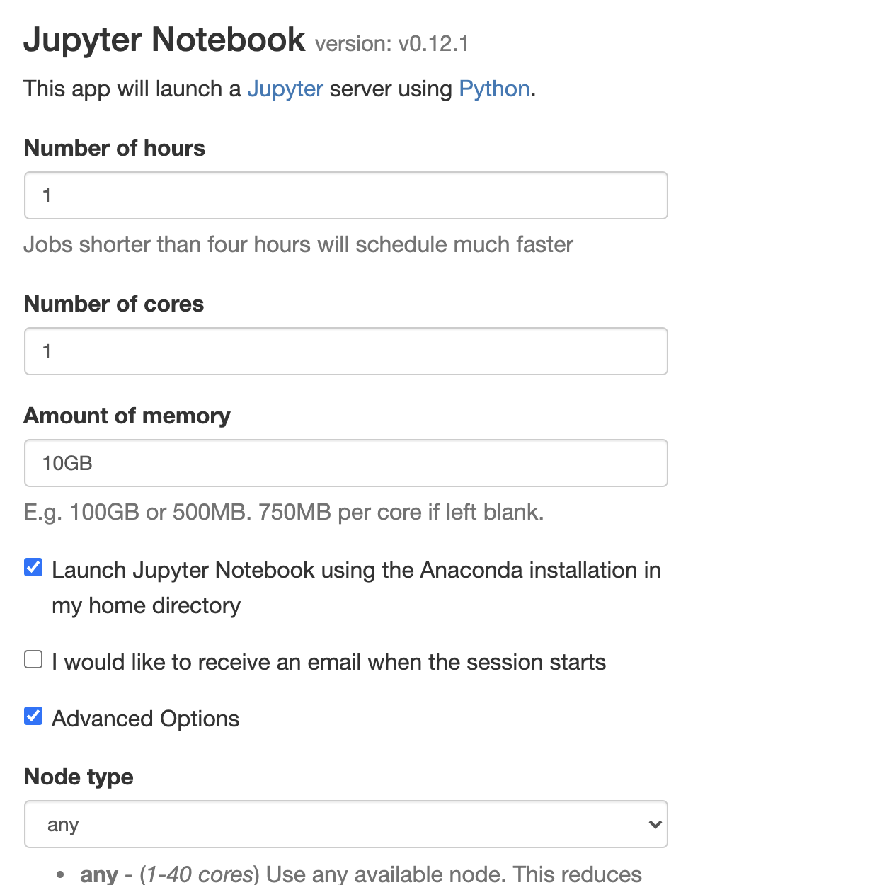 A screenshot of the OnDemand Jupyter Notebook app settings with 1 hour, 1 core, and 10GB memory requested.