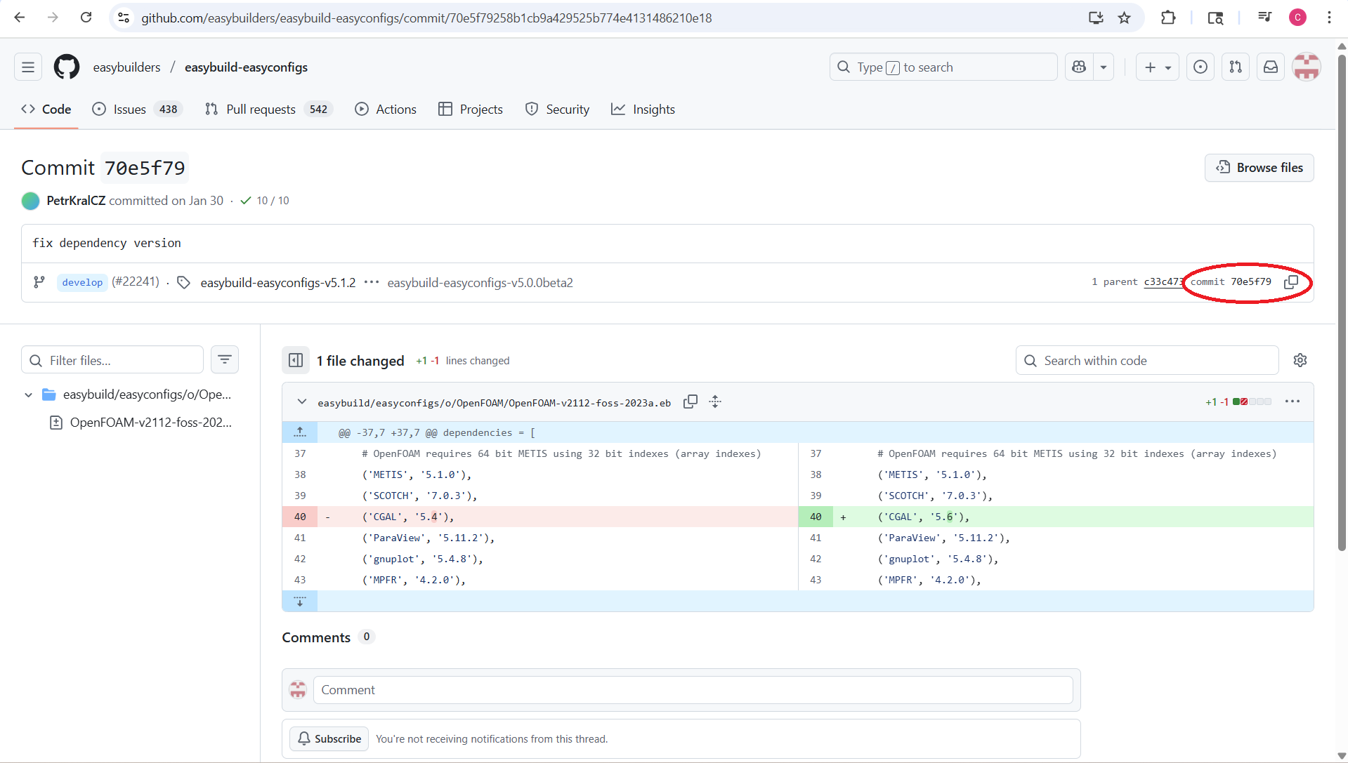 The commit page on EasyBuild Easyconfigs is opened with the commit button on the right side of the screen circled.