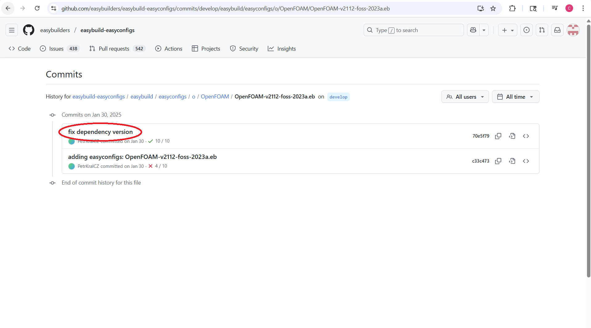 The commit history page of "OpenFOAM-v2112-foss-2023a.eb" with "fix dependency version" circled