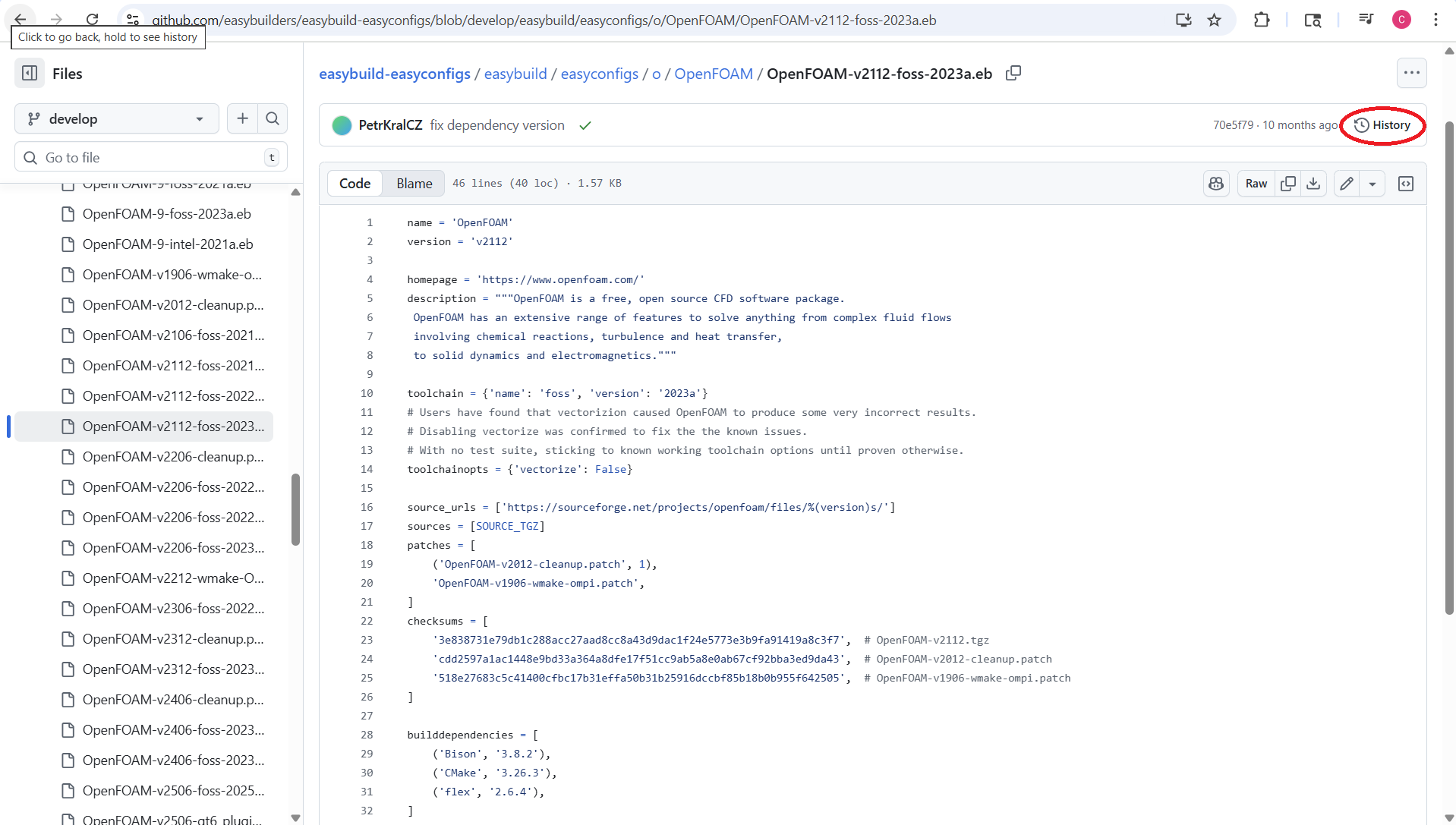 The file "OpenFOAM-v2112-foss-2023a.eb" opened on the EasyBuild EasyConfigs GitHub repository page with the "History" button circled