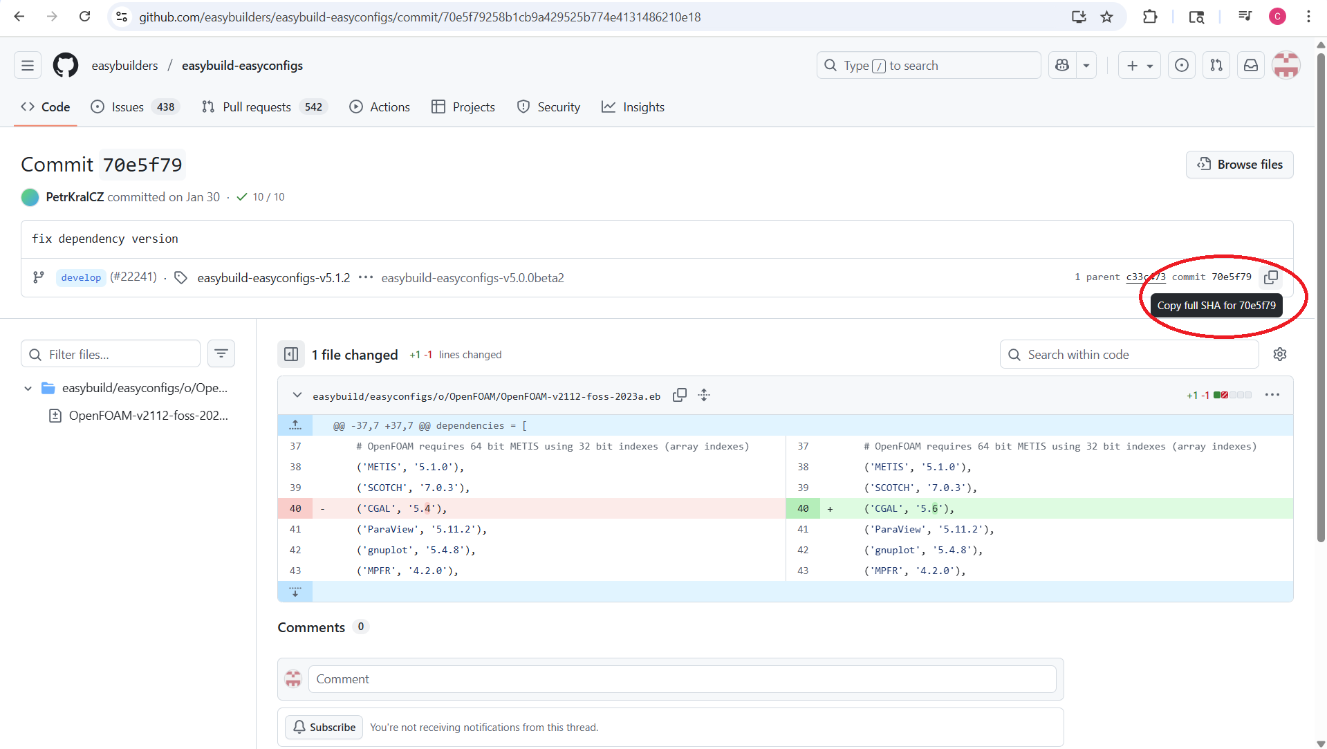 The commit page on EasyBuild Easyconfigs is opened with the commit button on the right side of the screen hovered over and circled.