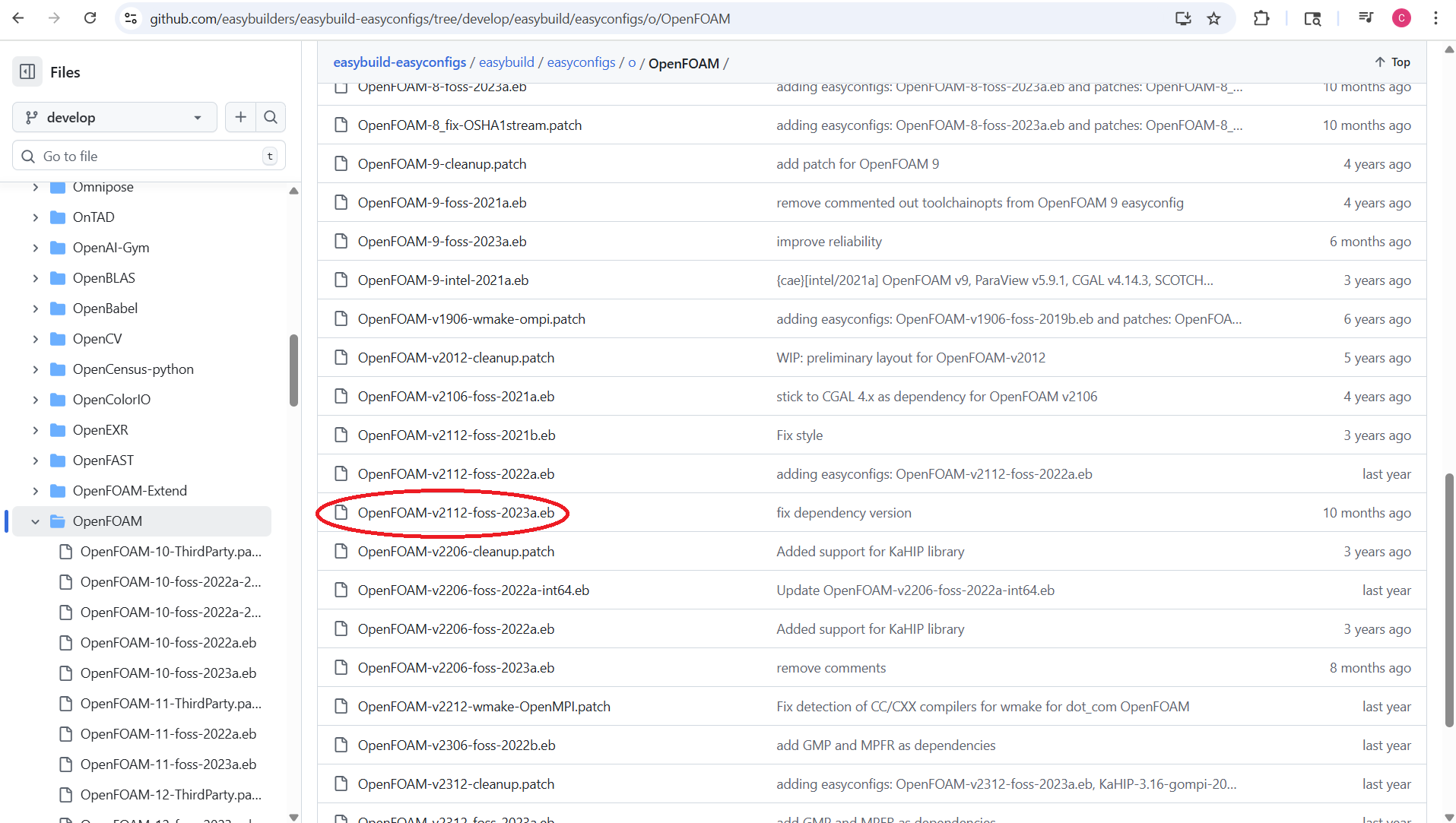 The file listing on the EasyBuild EasyConfigs GitHub repository page in the OpenFoam directory with the file "OpenFOAM-v2112-foss-2023a.eb" circled