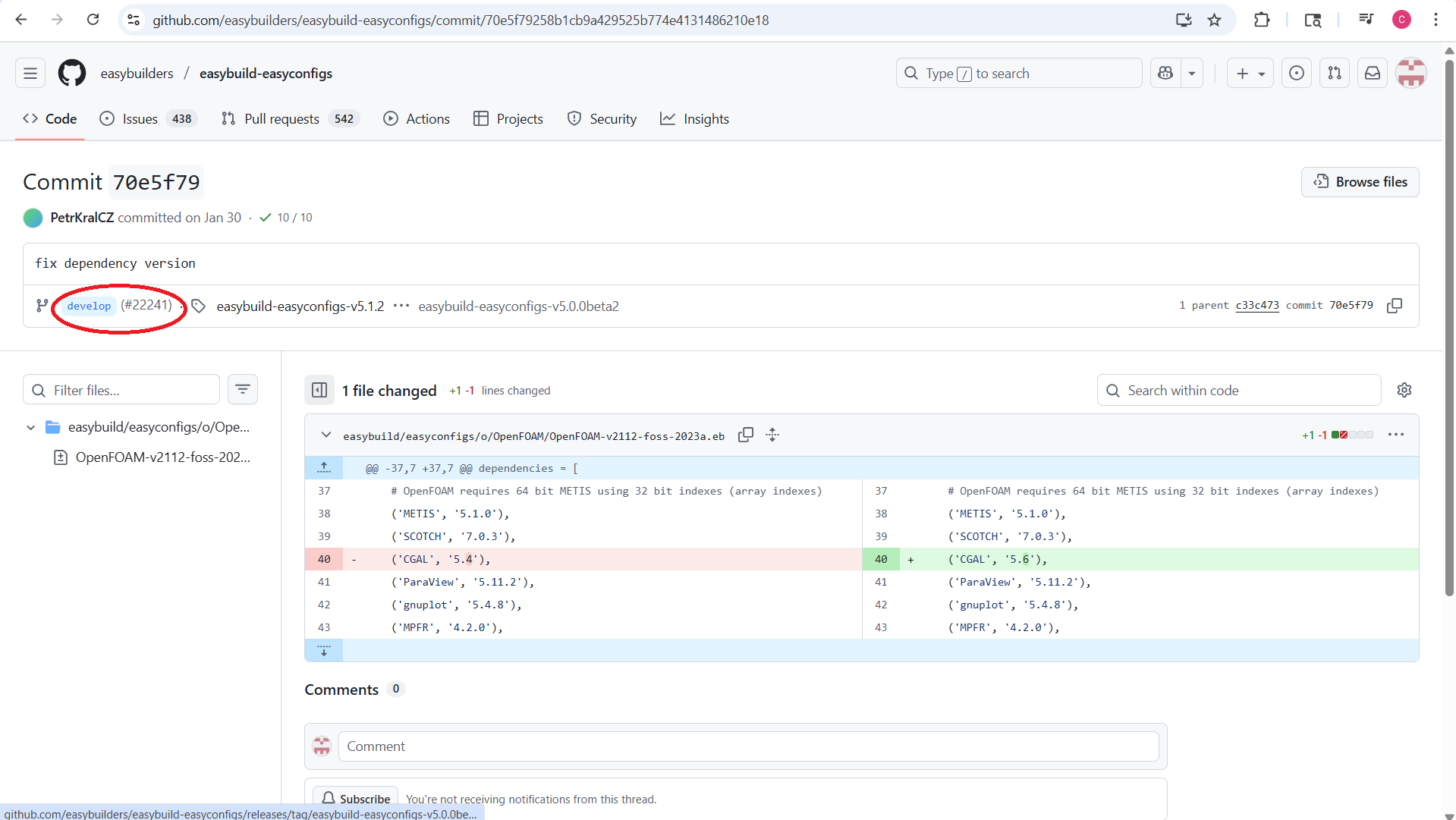 The commit page for "fix dependency version" with the pull number "22241" circled