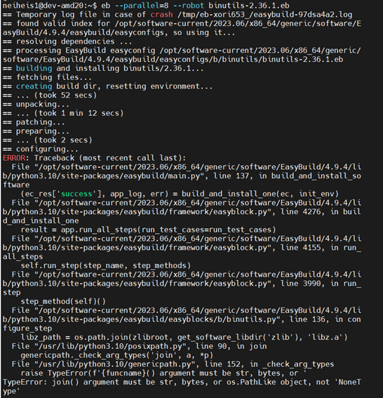 A terminal opened running an EasyBuild download with a Traceback error.