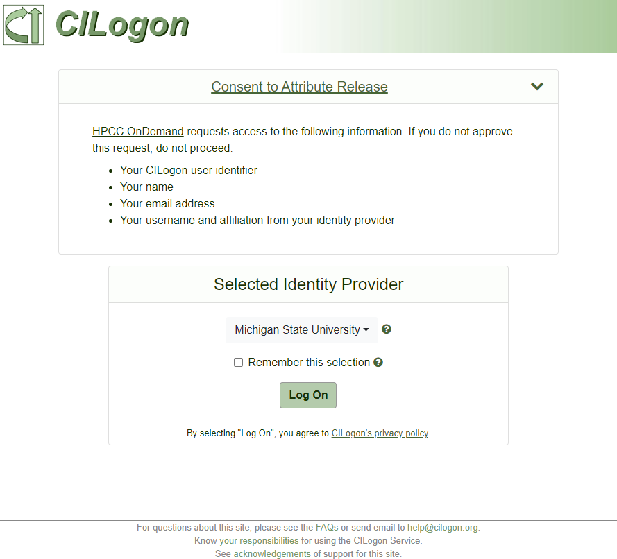 Screenshot of the MSU CILogon page. Michigan State University has been selected from the identity provider drop down menu.