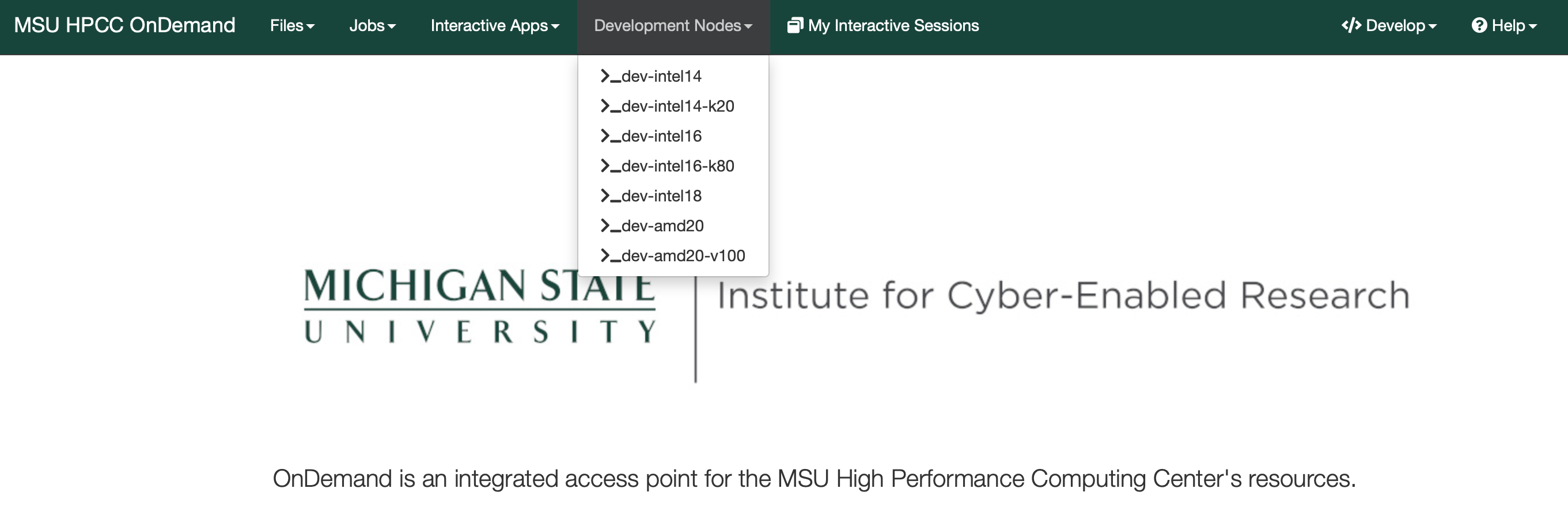 A screenshot of the ICER Open OnDemand main page showing the development nodes menu, listing the development nodes that are available at ICER