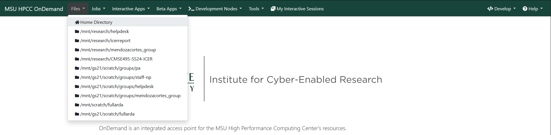 A screenshot of the ICER Open OnDemand page with the File menu opened showing the list of accessible directories