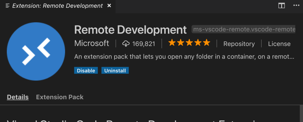 Screenshot of the VS Code Remote Development extension pack page