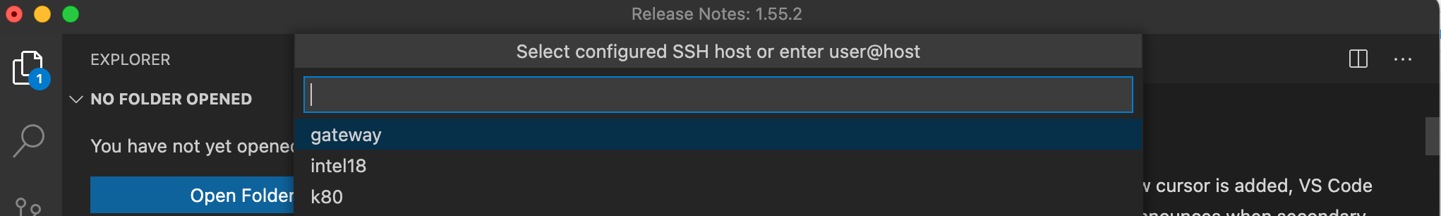 Screenshot of the VS Code SSH host selection box showing gateway, intel18 and k80