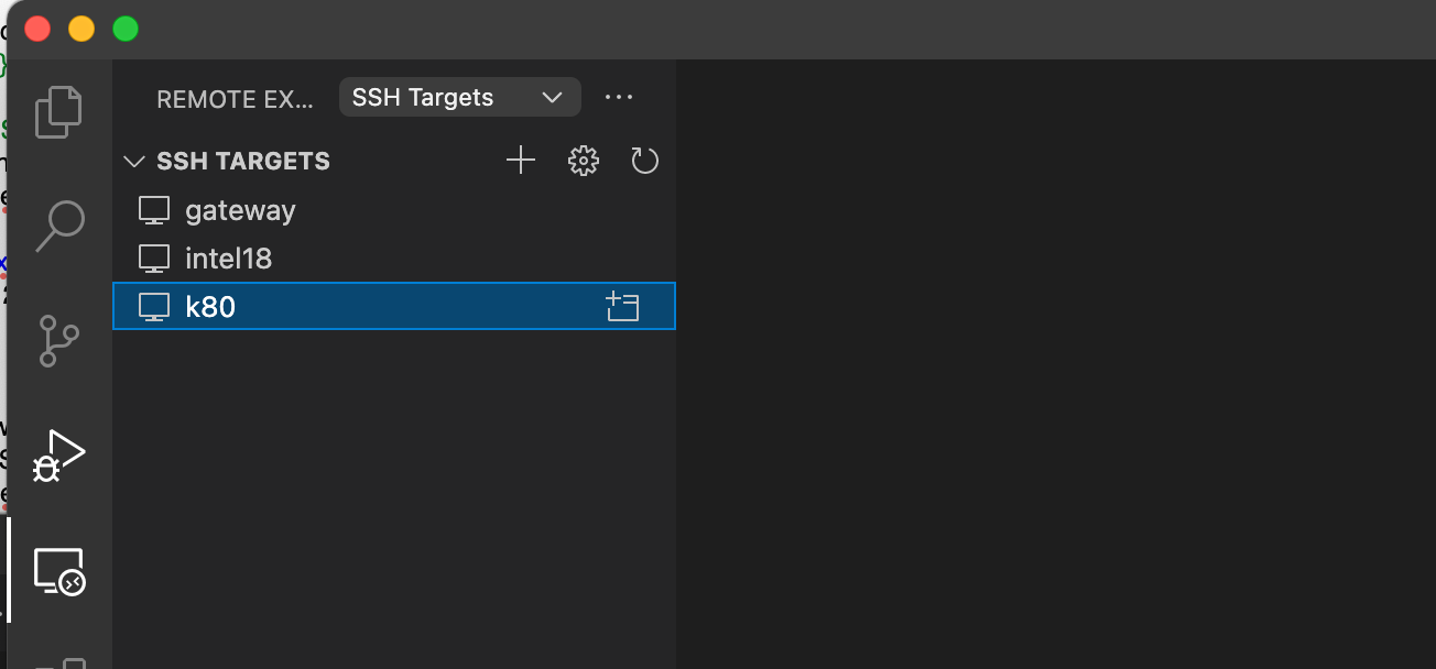 Screenshot of the VS Code Remote Explorer window showing the list of possible SSH targets: gateway, intel18, k80