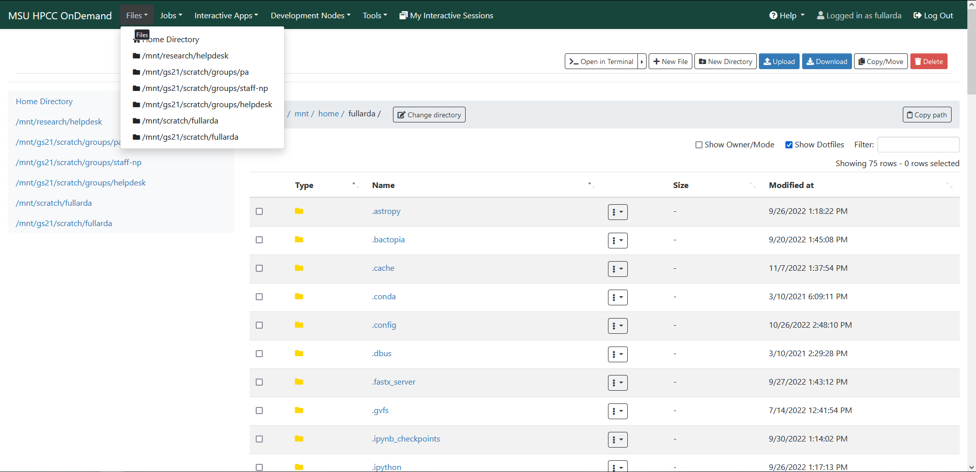 A screenshot of the Open OnDemand file explorer. On the top navigation bar, the Files dropdown menu shows the user's home, research, and scratch spaces.