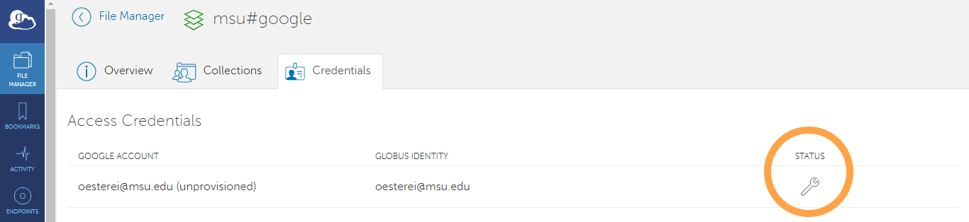 Credentials section for msu#google showing "Authentication/Consent Required"
with Continue button circled with orange
oval.