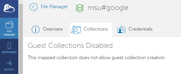 Collections section for msu#google showing "Guest Collections
Disabled"