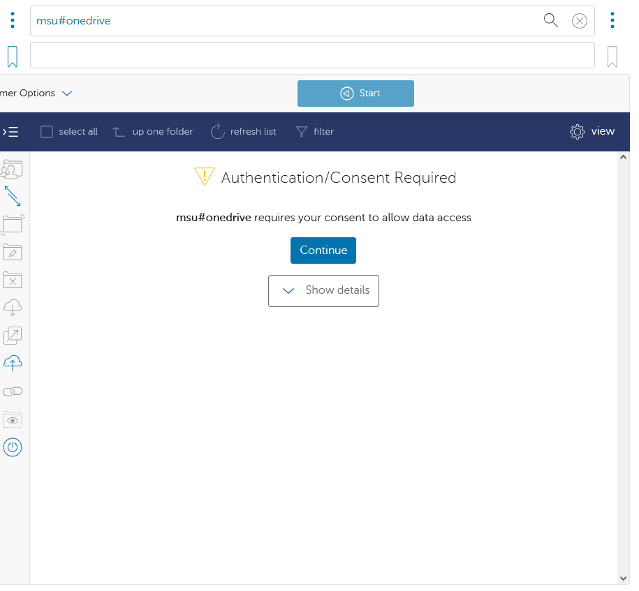 Globus file manager with msu#onedrive collection selected on right half of
screen. In the file window it shows Authentication Required with the
Continue button
highlighed.