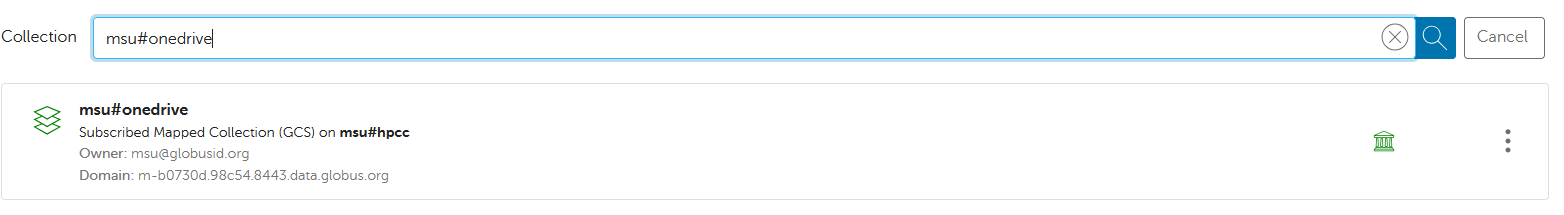 Globus Collection Search page showing msu#onedrive
entry.
