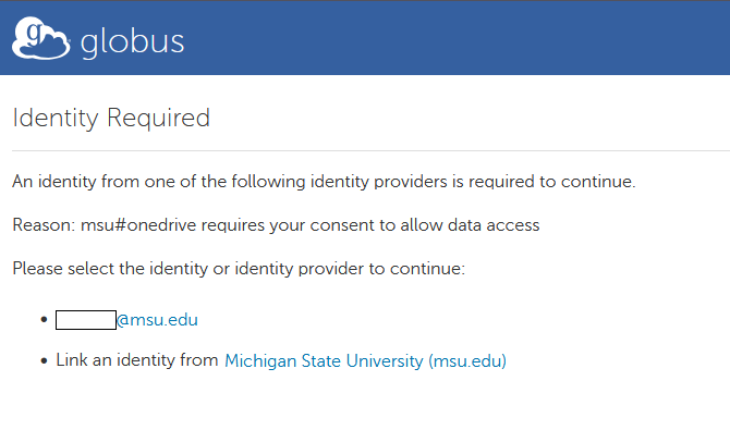 Globus identity manager requesting your MSU ID