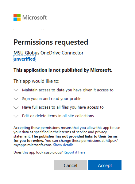 Microsoft listing required Globus permissions to access your OneDrive