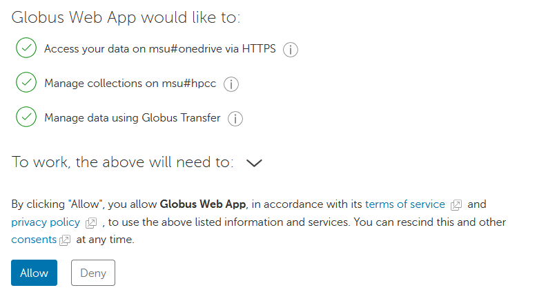 Globus requesting permissions to access your OneDrive