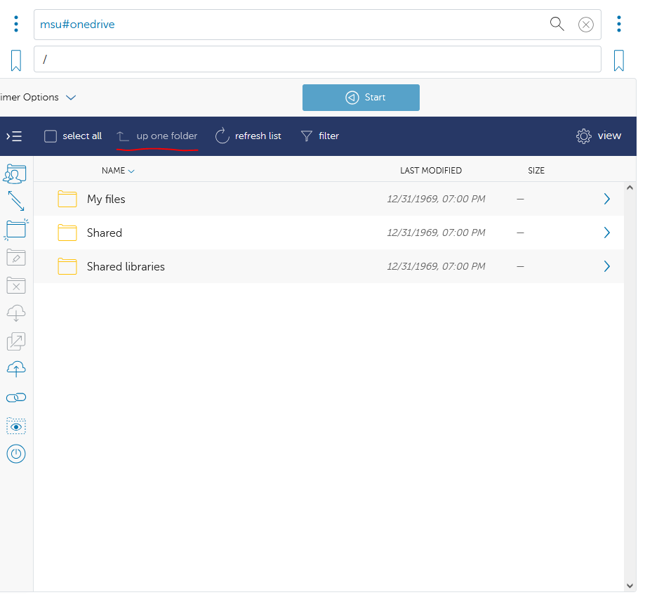 Globus File Manager showing msu#onedrive collection with Path set to "/".
Immediately below is the "up a level" button underlined in red used
to reach this path.