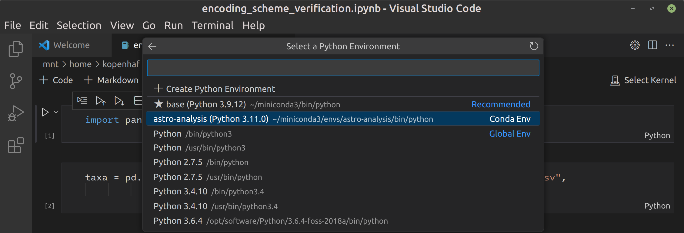 Screenshot of the VS Code Kernel Selection menu with a long list of Python environments listed. Some are labeled on the right as "Recommended", "Conda Env", and "Global Env"