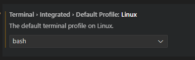 Visual studio code settings page. The default terminal is set to bash.