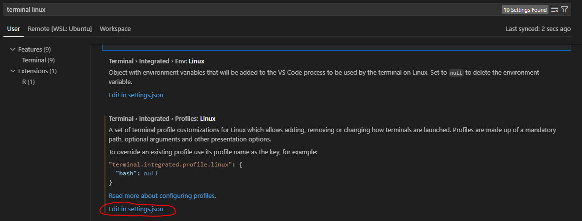 Visual studio code settings page. The search bar shows "terminal linux". The text "Edit in settings.json" is circled.