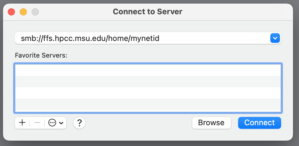 Connect to Server window network path