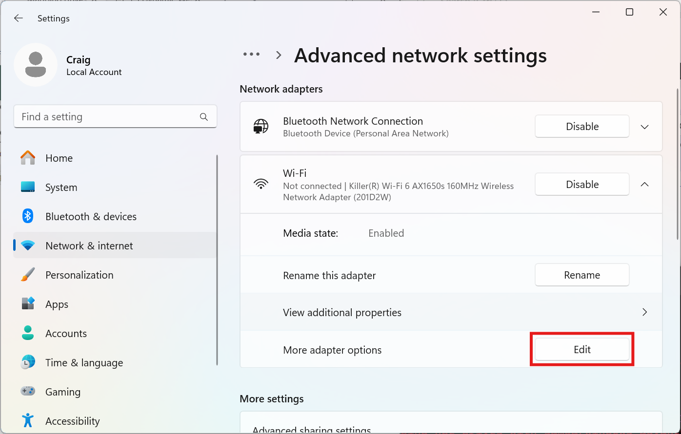 The Wi-Fi adapter dropdown with the More adapter options Edit button highlighted