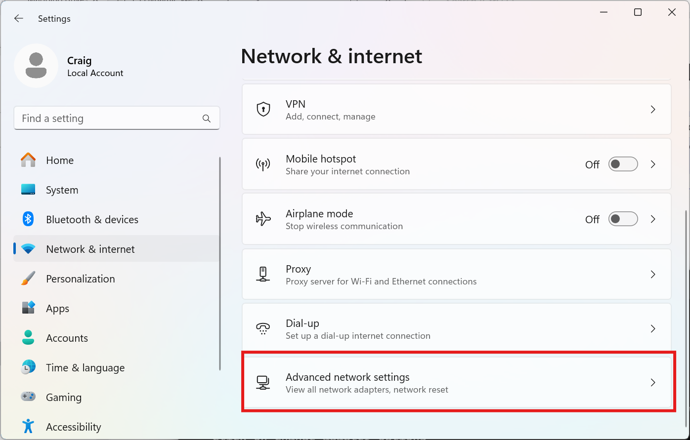 Network & Internet section of Settings with the Advanced Network Settings button highlighted