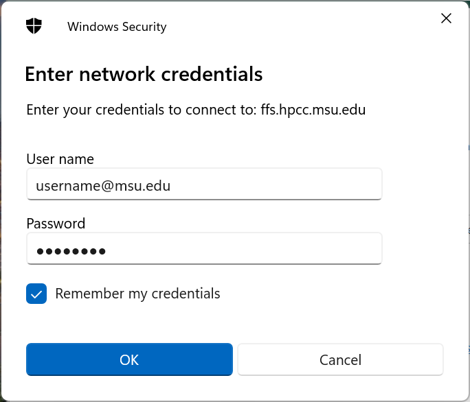 "Windows security" with username username@msu.edu and password entered