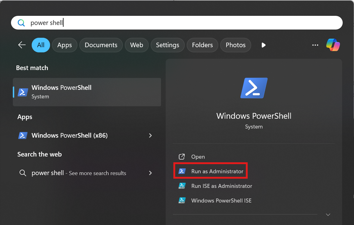 Windows search box with Windows PowerShell Run as Administrator highlighted