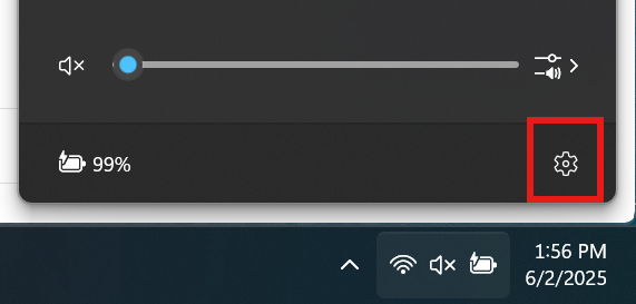 Network popup showing a gear on the taskbar