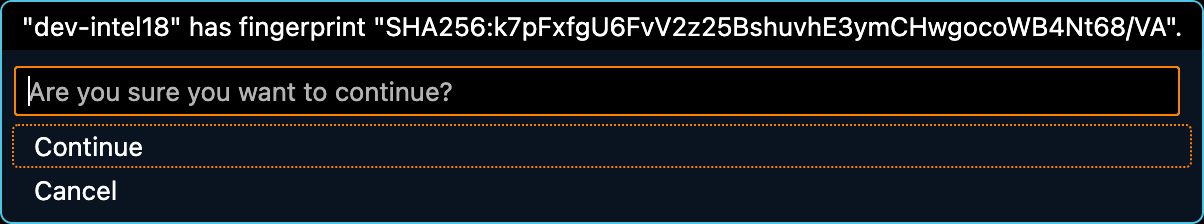 Screenshot of VS Code with a dropdown menu at the top of the window asking the user to confirm the SSH host key fingerprint and continue connecting