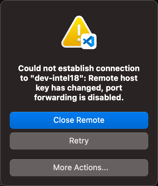 Screenshot of VS Code with a pop up warning that a remote connection could not be established as the remote host key has changed