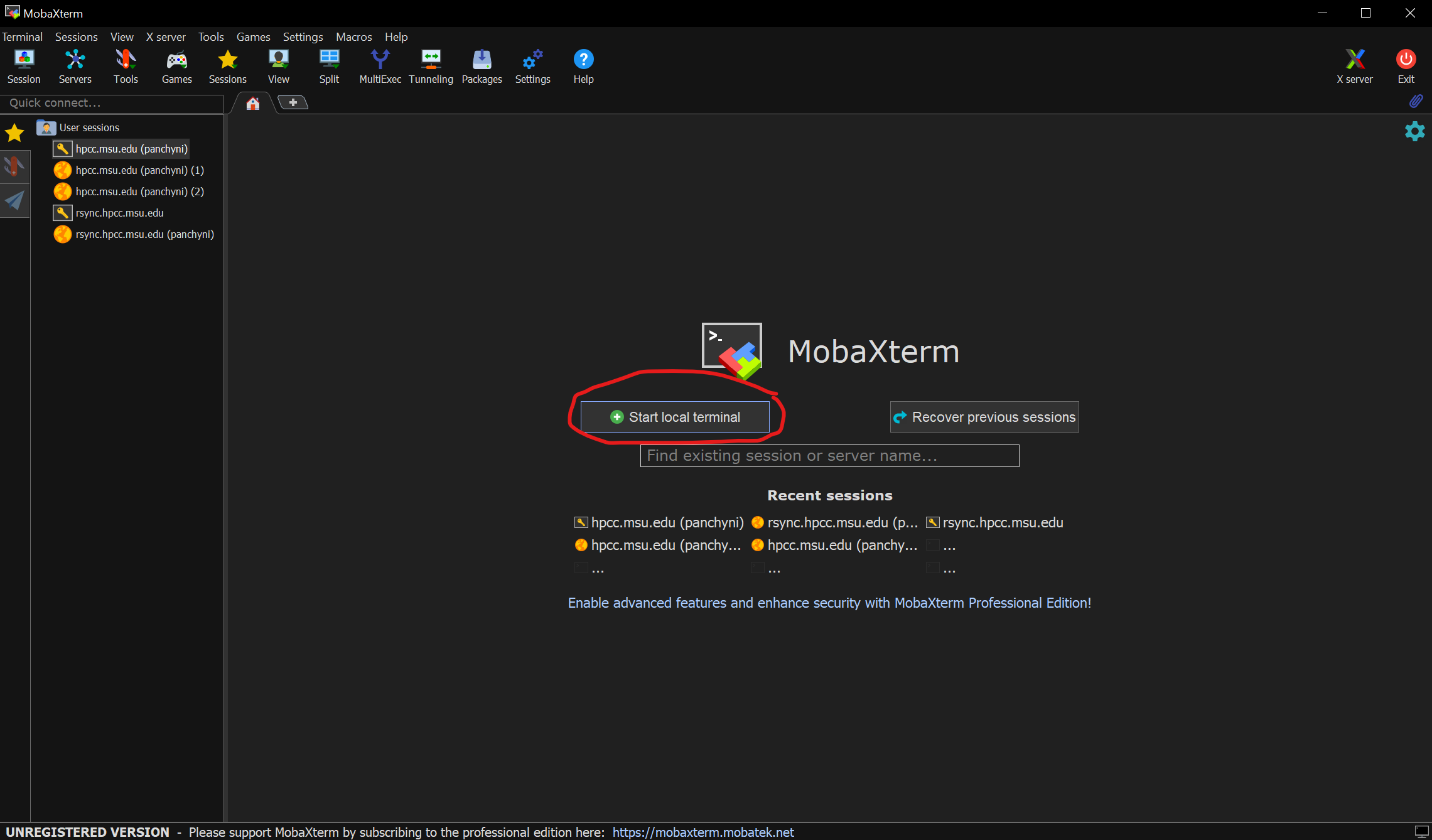 Screenshot of the MobaXTerm start tab with the Start Local Terminal button circled