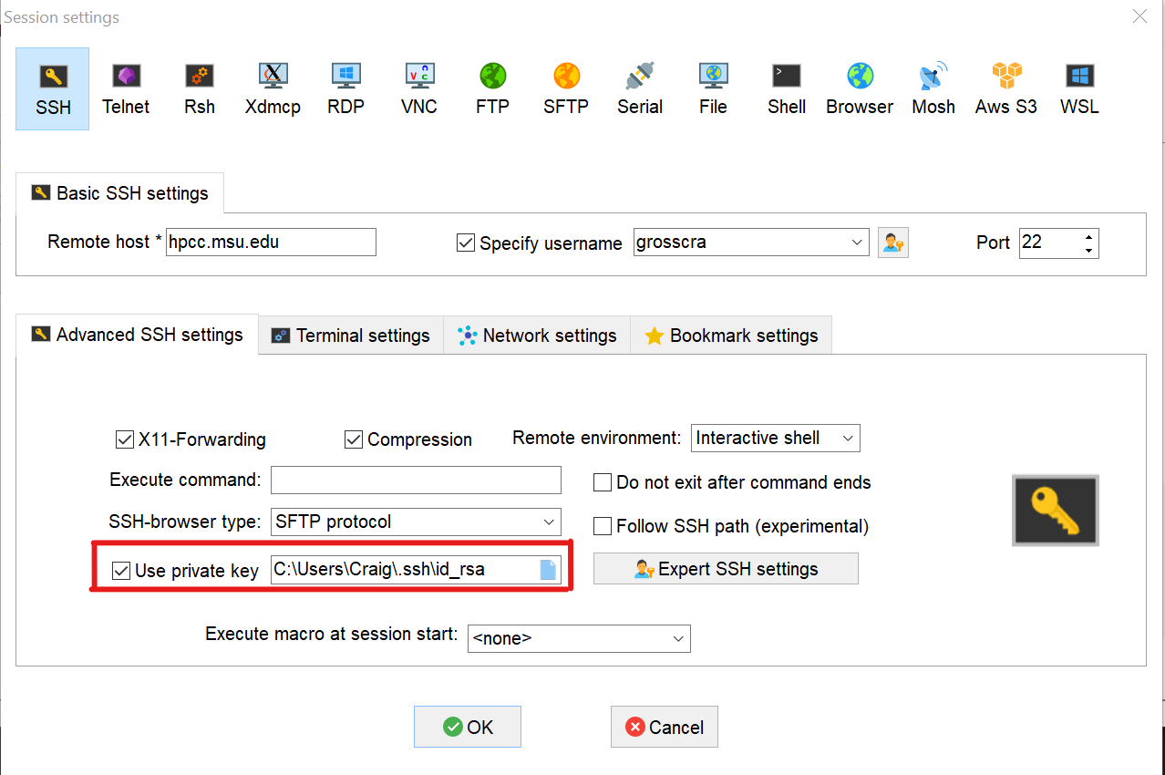 Screenshot of MobaXterm Session settings. The Advanced SSH settings tab is selected with the "Use private key" field filled with C:\Users\Craig.ssh\id_rsa.