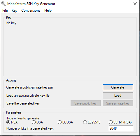 Screenshot of the MobaXTerm SSH Key Generator window. RSA is selected by default and the Generate button is highlighted.