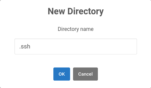 OnDemand file browser New Directory dialog with ".ssh" entered as directory name