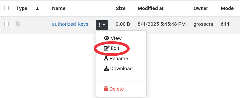 OnDemand file browser listing for "authorized_keys" file with dropdown menu clicked and "Edit" circled