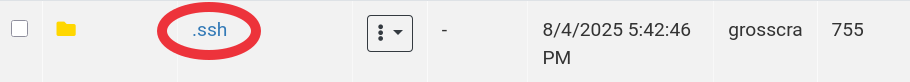 OnDemand file browser listing for ".ssh" directory with link circled