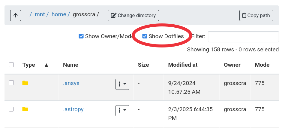 OnDemand file browser with "Show Dotfiles" checkbox circled and checked