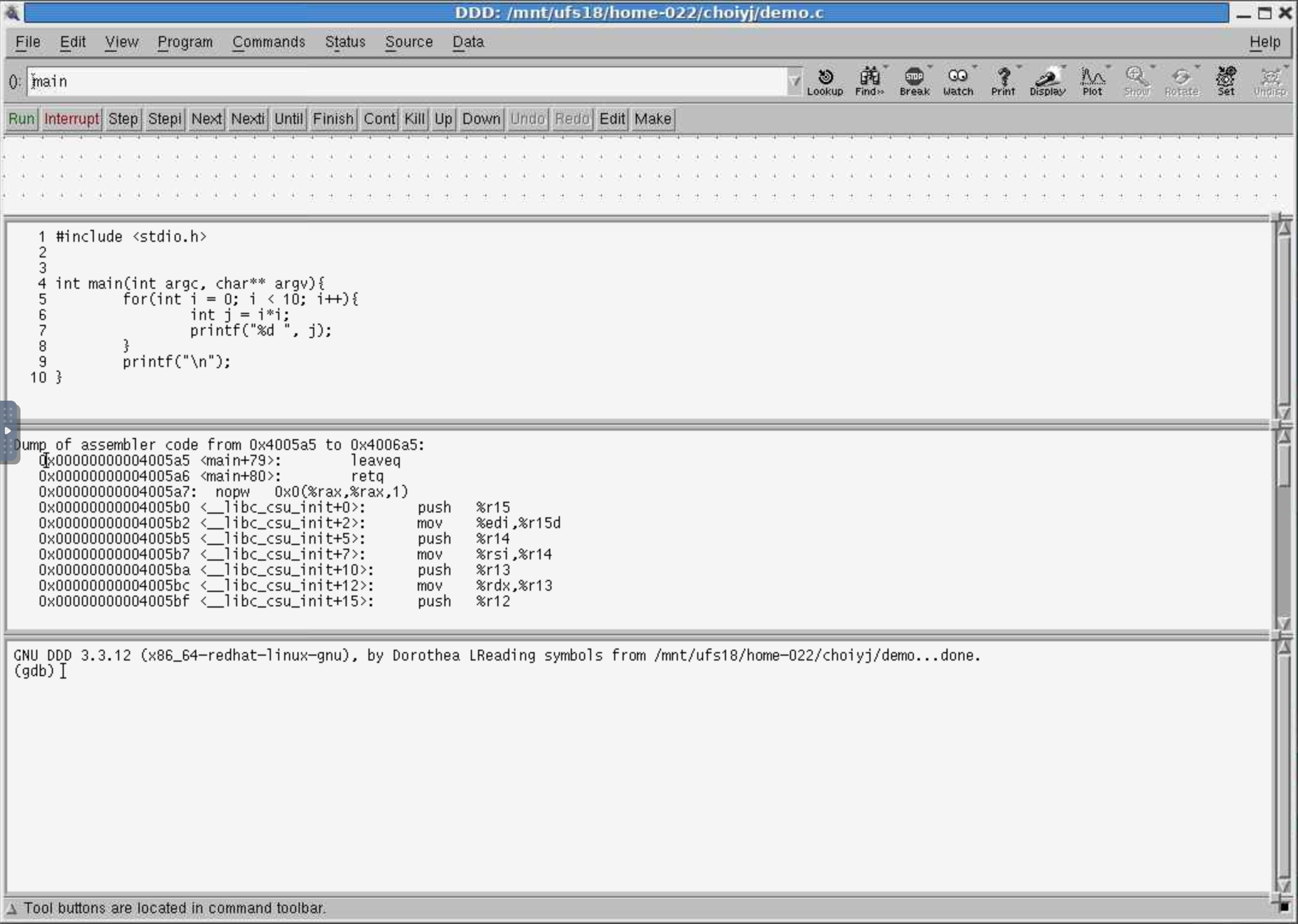 A DDD window. A small C program is loaded in the source window near the top of the main window. Below that is a dump of that program's assembler code is in the machine code window, and a blank GDB console is below that.